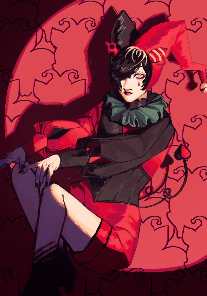 digital illustration of Jyushi Aimono from Hypnosis Mic. he is dressed up in an amanda themed jester outfit with a bright spotlight on him.