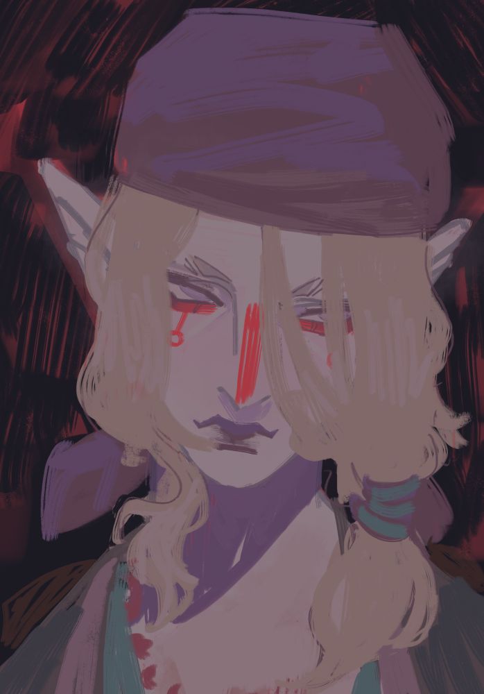 digital portrait drawing of the medicine seller from mononoke. his pose is neutral with his head slightly tilted to the side, eyes gazing away from the viewer. artwork features a mostly muted palette with bright reds to highlight his makeup, and cool shadows complimentary to the warm base layer.