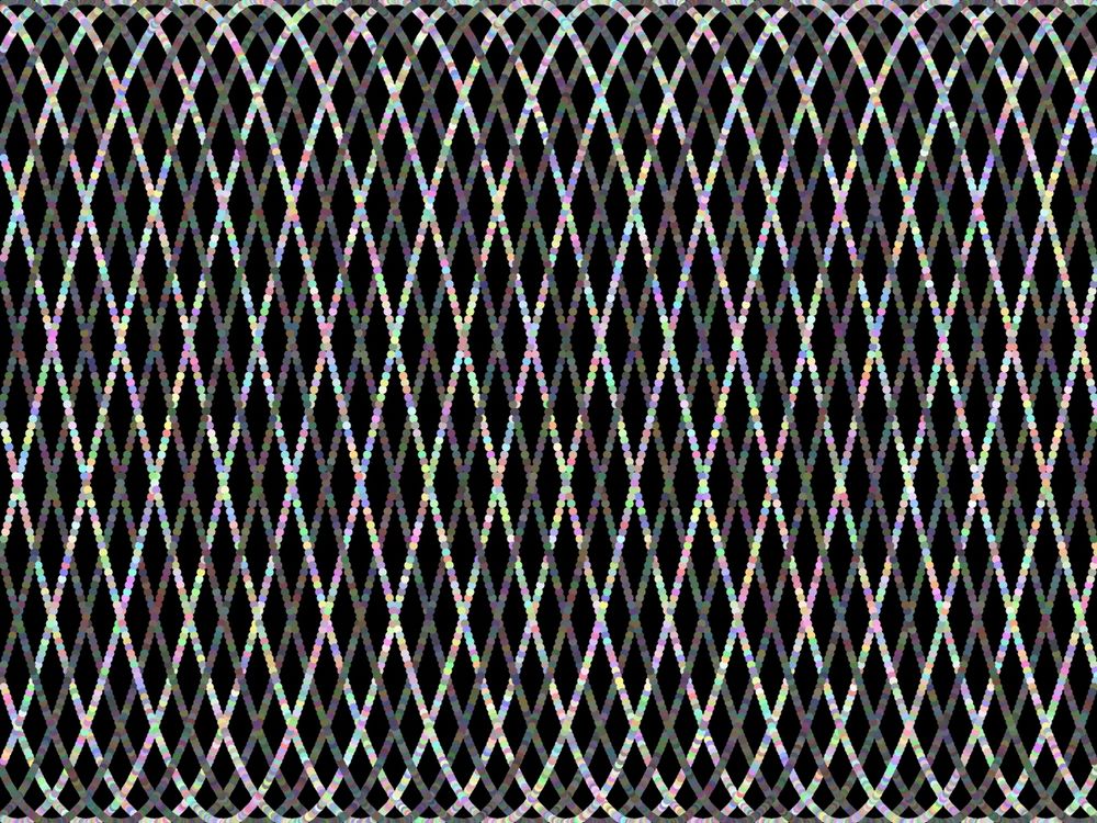 A dense, colorful weave of overlapping sine wave curves made of small, glowing dots on a black background. The curves crisscross to form a diamond-shaped lattice pattern, with the dots shifting through pastel shades of pink, blue, green, yellow, and purple, creating an iridescent, oscillating effect.