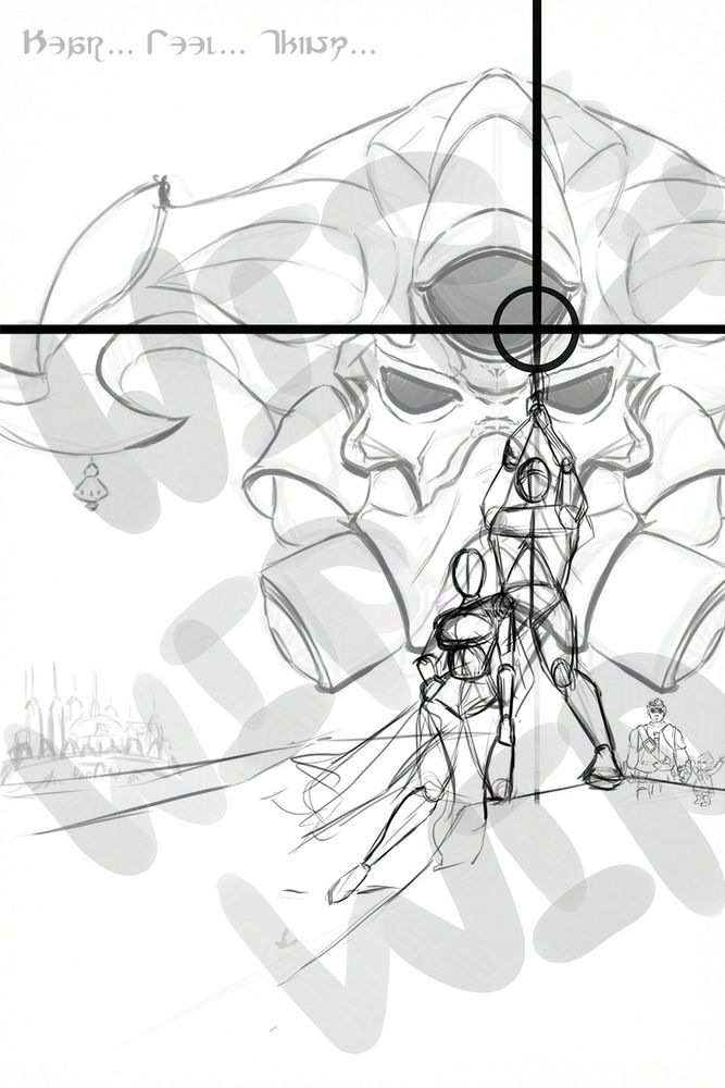 WIP sketch with composition based off of Tom Jung's 1977 Style A poster for Star Wars a New Hope, parodied with characters from FFXIV. The words 'Hear... Feel... Think..' Are at the top left corner in Eorzean font. The helmet of Gaius van Baelsar dominates the background. A simple sketch of Ul'dah is in the lower left side. Bigs and Wedge are sketched in the lower right. The center foreground features two still unfinished characters.