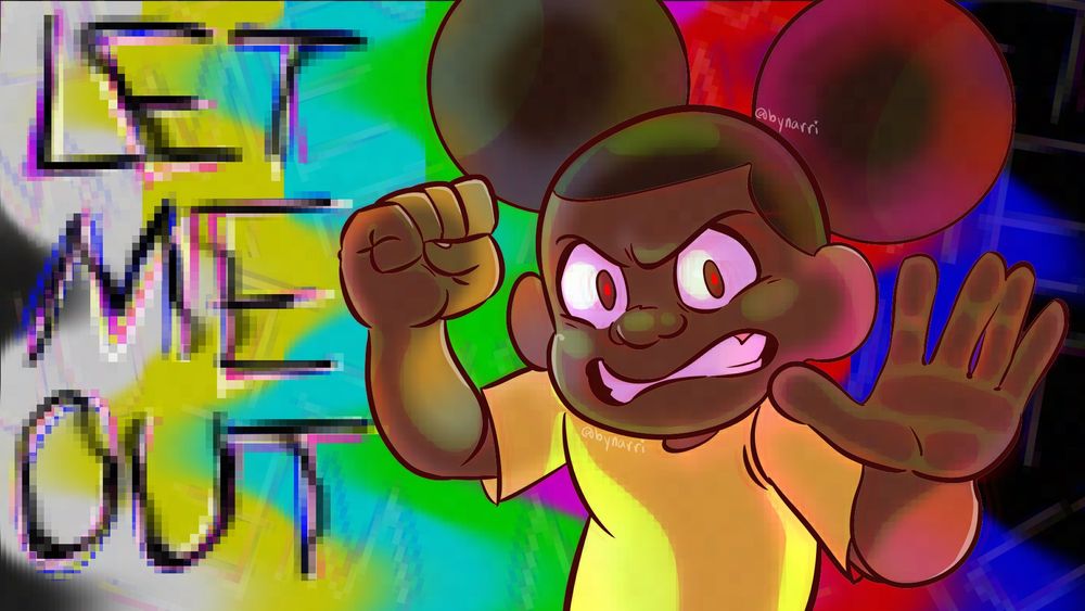 Amanda the Adventure stuck in the picture, with the words “LET ME OUT” distorted to the left of her. The background is a distorted TV SMPTE color bar screen.