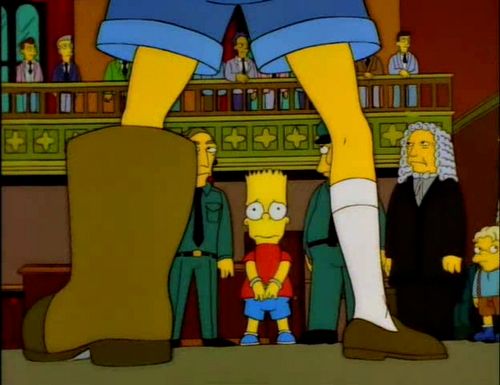 Bart, en el famoso episodio cuando los Simpsons van a Australia, viendo su verdugo con una bota izquierda de increíble talla, dispuesto a darle un patadón 