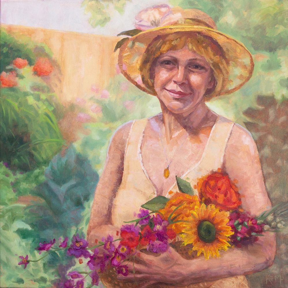 Contemporary impressionist painting of a beautiful woman in a summer garden. She is wearing a sheer straw hat and holding a bouquet of flowers.
