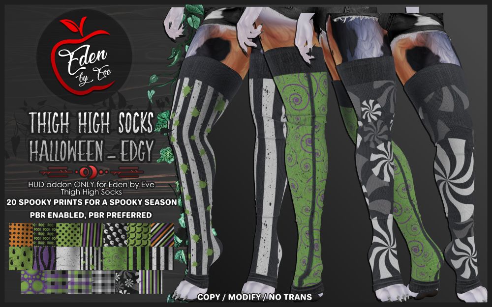 eden by eve thigh high socks halloween - edgy HUD addon ONLY for Eden by Eve Thigh High Socks 20 spooky prints for a spooky season pbr enabled, pbr preferred copy/modify/no trans The ad image is three pairs of thigh high socks with different black, white, green, orange, and purple halloween prints with an edgy/alt vibe, worn by a blue merle collie furry character. All of the prints included are previewed on the left hand side in small boxes.