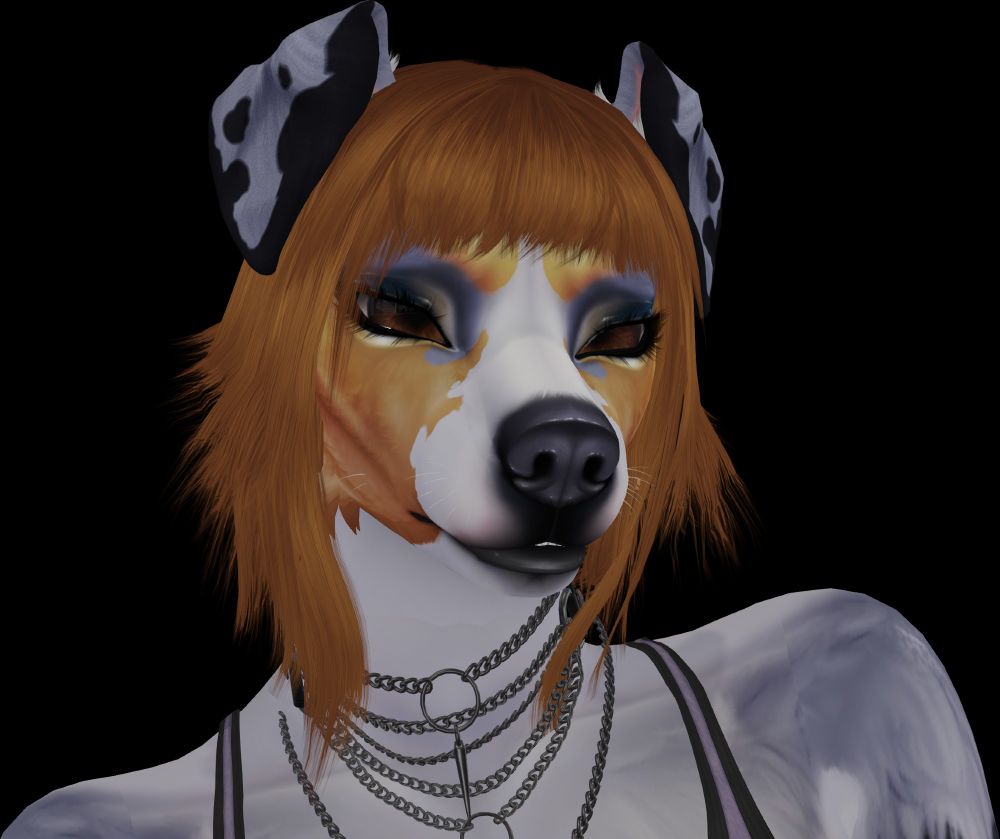 a second life screenshot of a merle collie anthro avatar with red hair and floppy ears