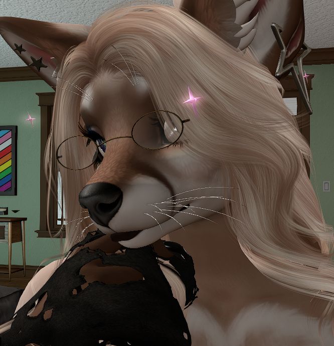A Second Life screenshot showing the Frettchenhaus Vulpine head, short nose version, with a full lower lip. The avatar has soft blonde fur and hair, glasses, and sparkles in the air around their head.