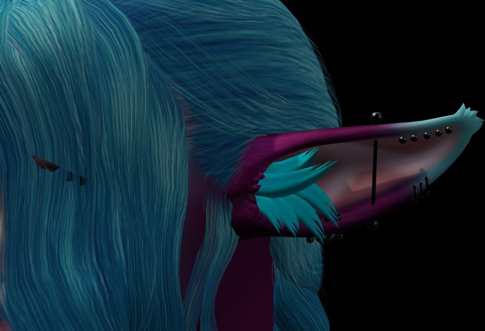 a second life screenshot of a long, pointed faun ear with multiple earrings on a hybrid character who has blue hair and purple fur
