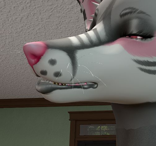 A screenshot from Second Life of the Cerberus Fidget's Doggo furry head wearing  a white and grey emo-style skin, with a big pouty lower lip