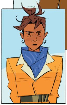 A pilot dressed in an orange jumpsuit and a blue pilots scarf stares with an annoyed expression straight into the camera. 