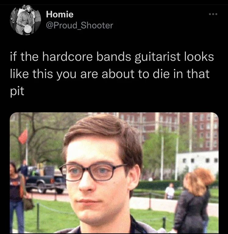 a tweet that says "if the hardcore bands guitarist looks like this you are about to die in that pit"

and it's a picture of tobey macguire