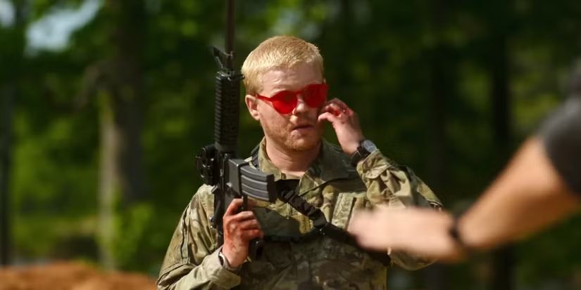 jesse plemons in "civil war" right before he famously asks "what kind of americans are you"