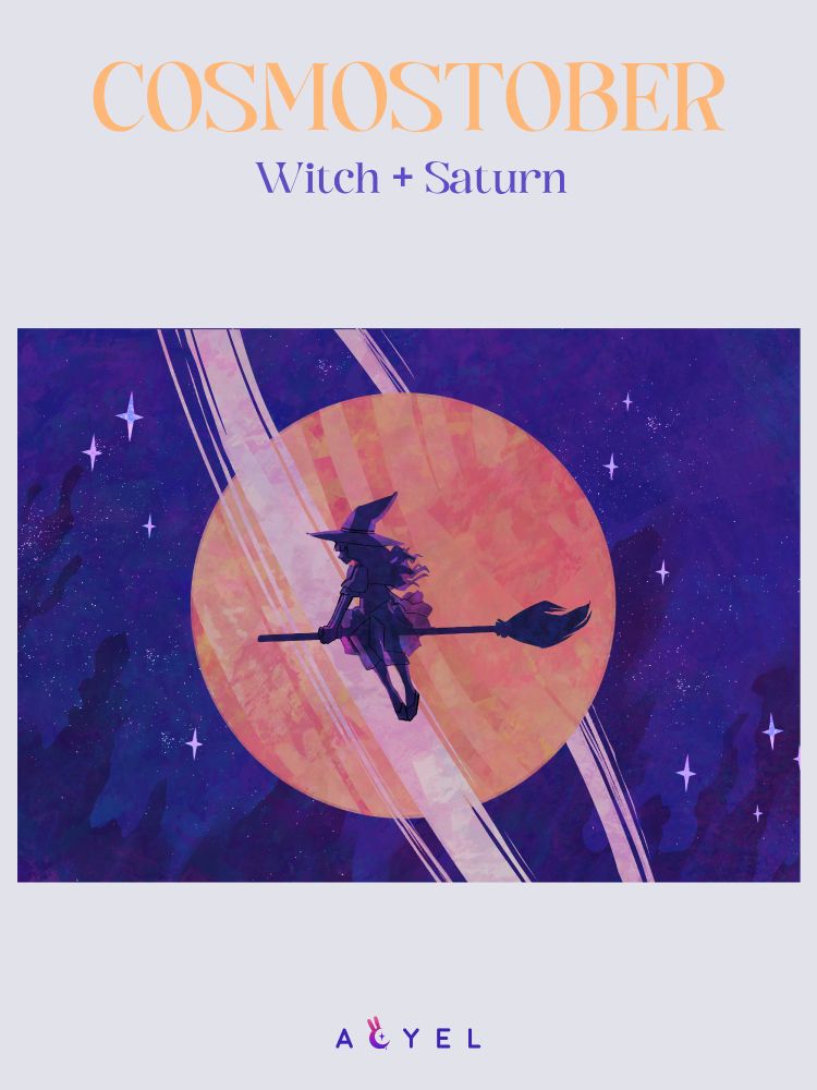 a young witch, flying with Saturn for background