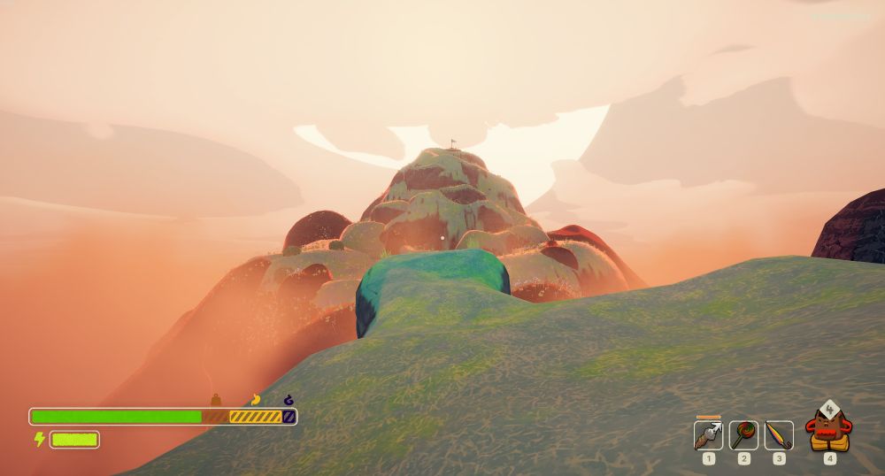 A screenshot from the game Peak, showing the top of the ascent.  Its a gentle green grass covered hill with flowers and a flag at the top.
