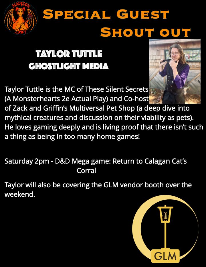 Poster image showcasing Taylor Tuttle of Ghostlight Media as a Special Guest at AcadeCon.