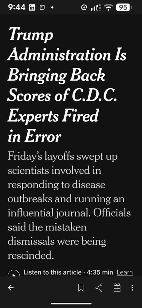 Headline from New York Times, Trump administration is bringing back scores of CDC. Experts fired in error. Friday's layoffs swept up scientists involved in responding to disease outbreaks and running an influential journal. Official said the mistaken dismissals were being rescinded.