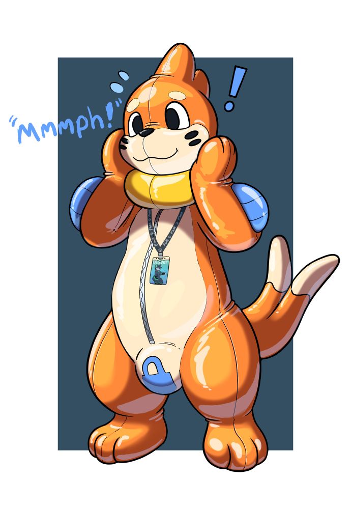 Oliver, currently stuck in a rubber buizel suit, pulls and pushes at the head futilely, struggling to remove it as the suit’s only zipper is concealed under its inflatable float ring.