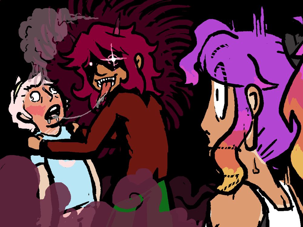 Direct follow-up to the last. Kasen has taken the initiative and has seemingly kissed Satori so deeply that Satori has overheated, complete with a bright red face, eyes going in whichever direction, and a visible trail of steam pluming above her head. Kasen looks very oni-like now, sporting two implied horns atop her head and a long tongue that has a connective thread of saliva connecting her and Satori's mouth. Kasen glared over to Byakuren with a grin on her face, as Byakuren seems to be gripped with some fear over the incoming make-out.