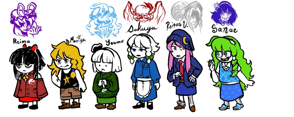 Touhoustuck lineup WIP. Six characters, with colored renders of their guardians above them that look all cool and mysterious.
Reimu looks tired and grumpy. She's got her long hair in a red bow, but no hair tubes. Long off-red coat with detached sleeves that have been sewn to stay on her arms. Yellow ribbon around her undershirt's collar, and a bright red skirt and black shoes. Her symbol is a white Yin-yang printed on her jacket. Purple Yukari is above her.
Marisa looks tired but excited as she gives you the bird. Long messy blonde hair with a braid on the left side of her face, fixed by some blue hairtie of sorts. Black tanktop, brown shorts, and some brown sneakers. Symbol is a yellow star printed on her tank top. No guardian above her.
Youmu looks nervous with her pointer fingers pursed together in front of her. White shoulder-length straight hair with a black hairband with a ribbony bit coming off her right side. Dark green oversized turtleneck sweater, lighter green skirt, and brown shoes. Her symbol is a white ghost print on her sweater. Light blue Yuyuko is above her.
Sakuya looks pretty neutral, with white shortisth hair, two side braids going hold by green bows, and a white hairband. She wears a blue button up and skirt, with a white apron tied around her waist, and some white socks and black shoes. Her symbol is her pocketwatch, secured in her shirt's chest pocket. A deep red Remilia is above her.
Reisen looks nervous and bothered by Sanae next to her. Long pink hair with a dark beanie on, which has a moon pin on it. light pink undershirt, red tie, dark overcoat, blue skirt, long ill-fitting white socks, and brown shoes. Her target symbol isn't there, but a gray Eirin is above her.
Sanae looks happy to see Reisen. Bright green long hair, with a hairband with a frog and a hairtube and a snake accessory on her left side. white undershirt, blue patterned vest, darker blue patterned skirt, white socks and light blue shoes. No symbol, dark blue Kanako above. 