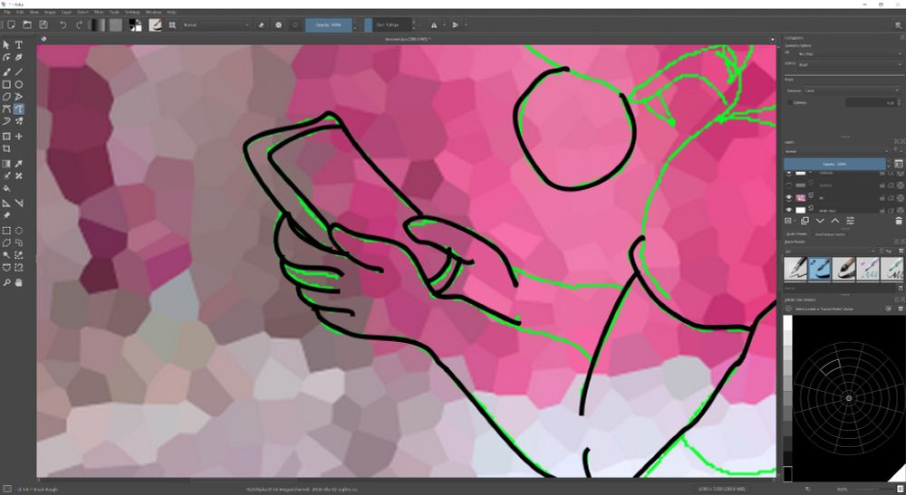 The UI for Kirta, a mixed vector-rastor art program.  The controls are tiny because Krita (like Paint.net, a program I have lots of experience with but which has not meaningfully updated since 1997) believes that pen interfaces are a myth and provide no way to alter the size of UI elements, giving rise to five pixel wide scrollbar handles that are exactly as grey as the scrollbar they are in, buttons that are 0.75% of the screen width, and that scourge of late-90s UIs, palettes of unlabelled tools hidden behind context sensitive scrollbars.  The raster layers are 'White layer, BG, skeleton, contours"; a vector ink brush is selected, and the color is set to black.  In the canvas itself, we are zoomed in on an attempt to ink hands holding a cellphone; but the lines are jagged, awkward curves whose behavior doesn't match what the UI says, leaving the 'inking' blocky and rough. The background layer is a grey room with pink throw pillows, the green raster 'contours' layer shows a jank freehand drawing of our heroine is blowing bubblegum and checking her phone, and about a third of it has been inked.