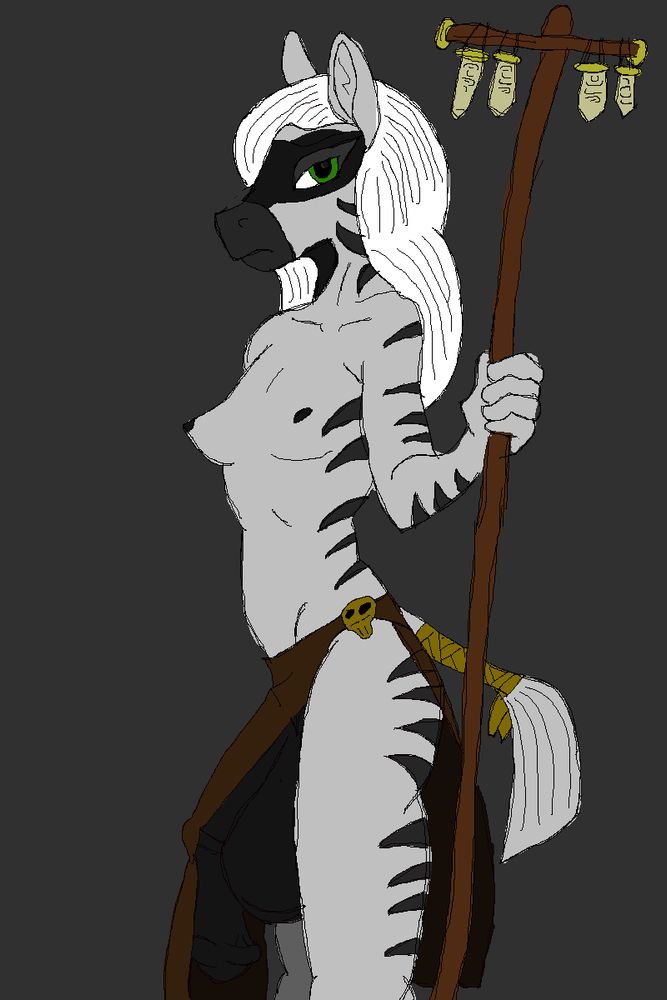 A stern wizard, with green eyes, looks at the viewer.  She's gaunt; no chub, no butt, barely any tits, her collarbone and neck lines and her ribs are visible along her stripes.  She's got a shaft about the size of her thigh hanging below a loincloth, plainly visible in the side view; she's holding a staff with several magical seals on a staff in her left hand, and while I wanted the right hand to have her spellcasting, (thus the huge amounts of empty space on one side of the pic), I decided drawing one hand was enough before breakfast so pretend it's hanging at her side or something.  She's got a gold skull on her belt, a black skull tattooed on her face, and gold fabric tying off her tail.