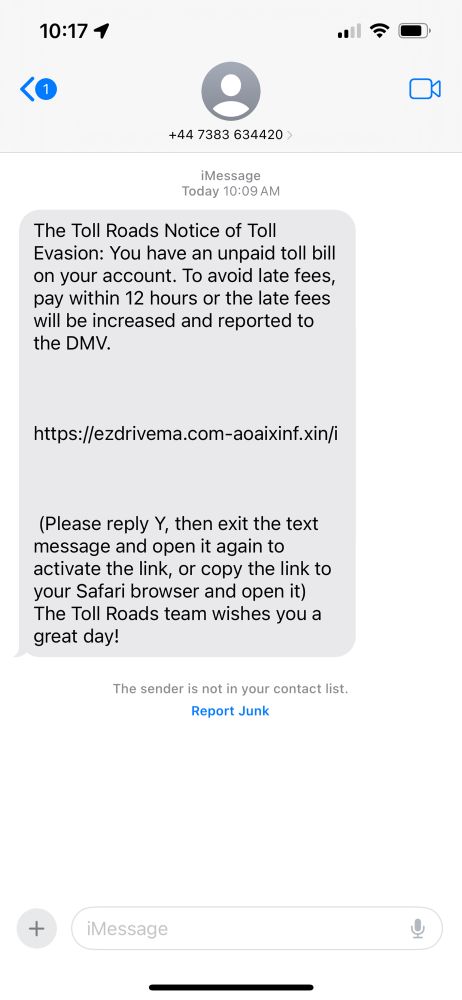 Screenshot of a text message from a foreign number alerting me I have unpaid toll fees and I need to pay to avoid being reported to the DMV. Missouri doesn’t have toll roads and I haven’t been to a state with toll roads in over 5 years