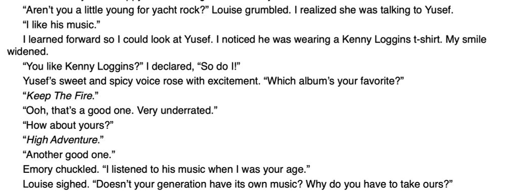 Characters talk about their love of Kenny Loggins while one character complains about it.