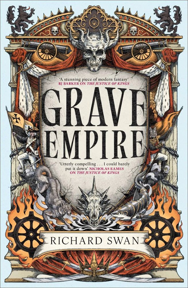 Cover of “Grave Empire” by Richard Swan. Shows a bunch of steam technology and skulls and heraldry surrounding the title.