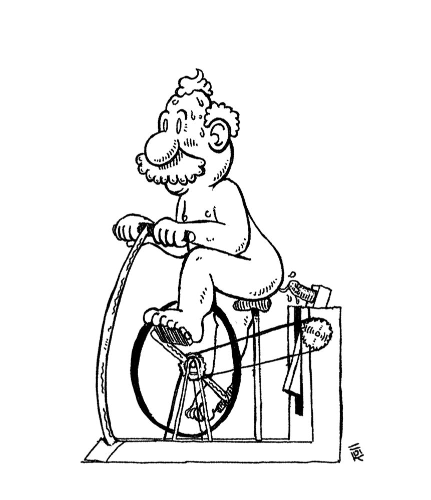 teikning af eldri manni á einhverskonar sjálfsfróunarþrekhjóli. hjólið knýr áfram dildo sem ríður þeim sem hjólar í rassinn