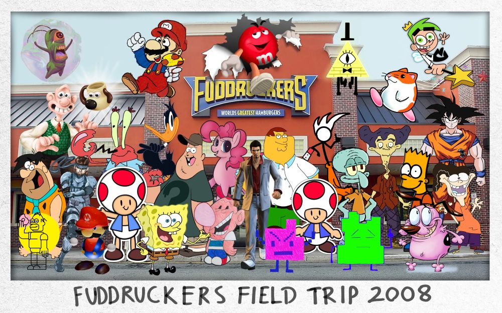 a collection of various cartoon and video game characters in stock art poses, each redrawn by a different artist. they are standing in front of and around a fuddruckers resturaunt. there is a polarioid photo boarder around the image, with the the caption "fuddruckers field trip 2008" written on the bottom in sharpie