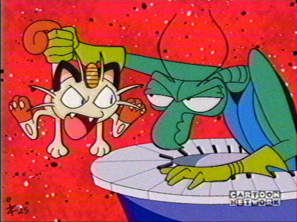 Crossover fanart of Meowth from Pokemon being grabbed and held by his tail by Zorak from Space Ghost: Coast to Coast. both characters are annoyed with each other as one could imagine with both of their personalities. the fanart is stylized to look like a legitimate screenshot taken from a vhs recording of a tv broadcast