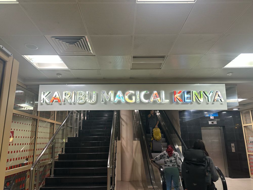 Sign at airport saying Karibu (welcome) Magical Kenya
