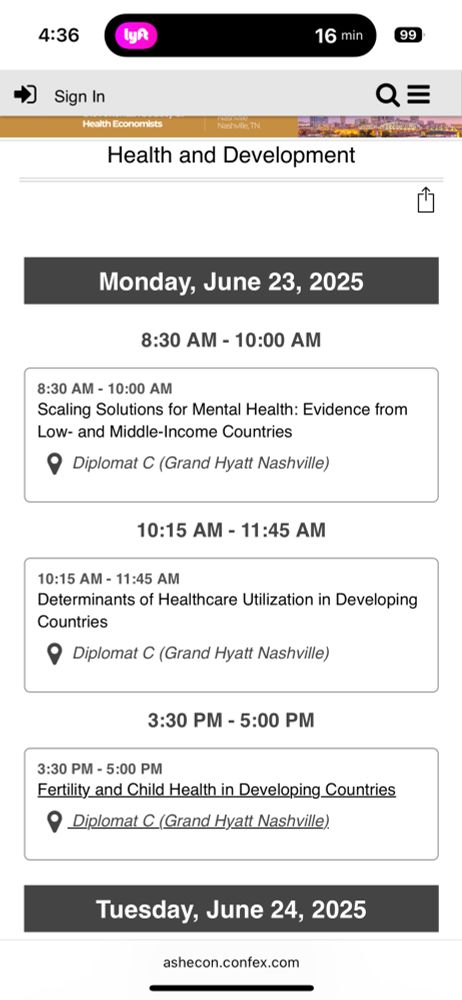 ASHEcon program today in Health and Development 

8:30am, 10:15am, 3:30pm all in Diplomat C