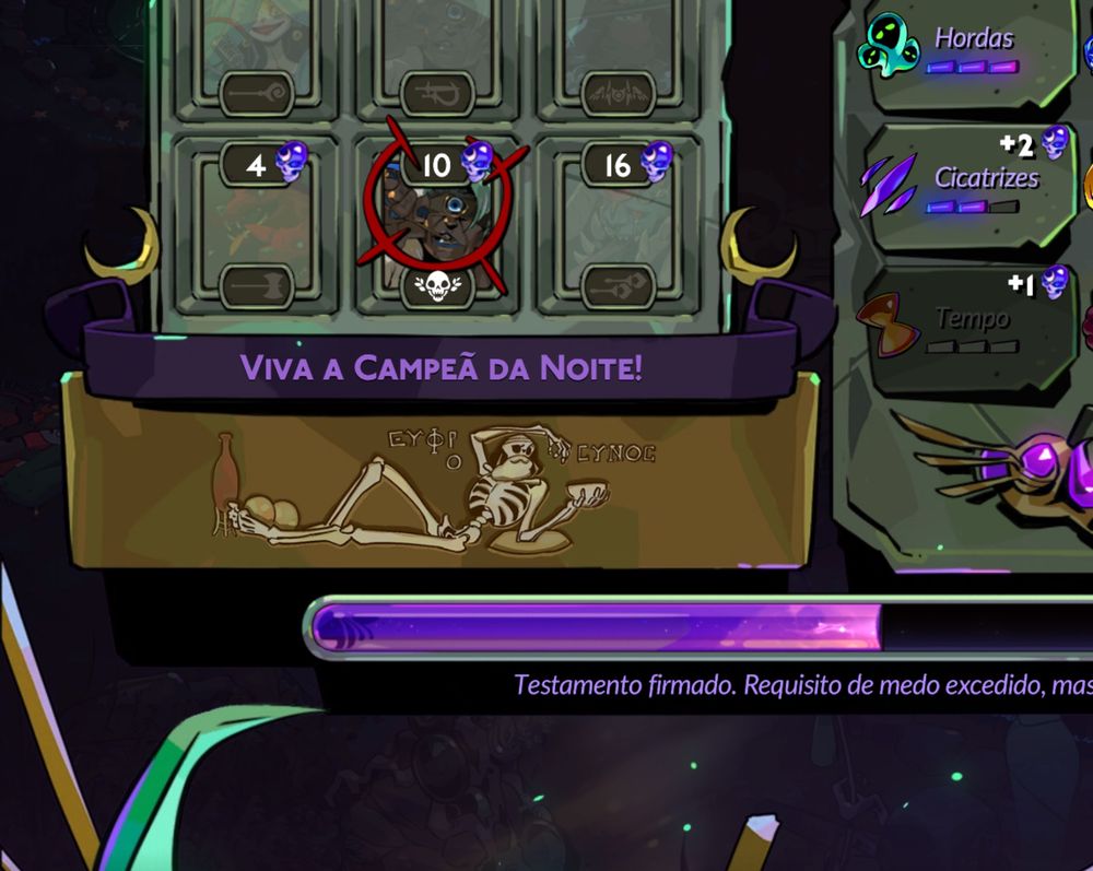 print de um pedaço da tela do jogo Hades 2 onde mostra uma ilustração com um texto "viva a campeã da noite!" em cima