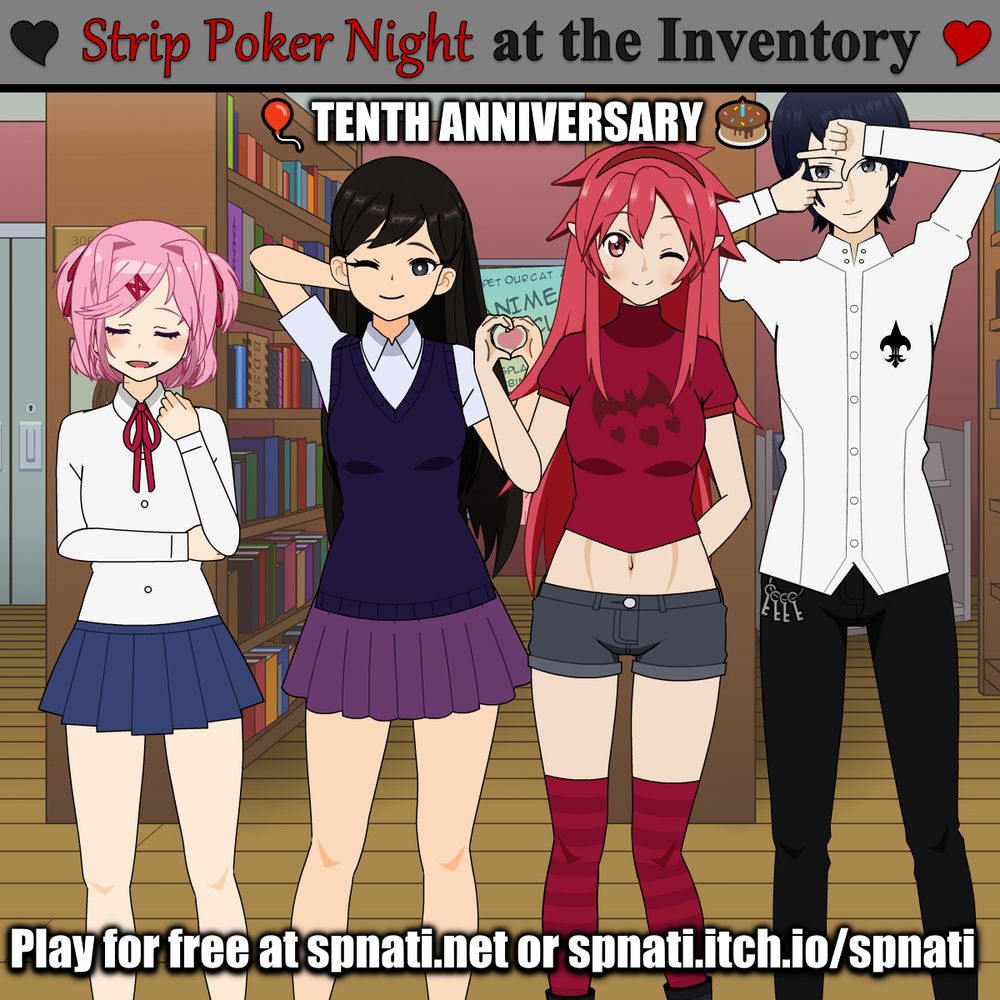 An image of Natsuki from Doki! Doki! Literature Club, Mari from OMORI, Mari Setogaya from Itadaki Seieki, and Yusuke from Persona 5, in an image that shows that it is the tenth anniversary of the game "Strip Poker Night at the Inventory."