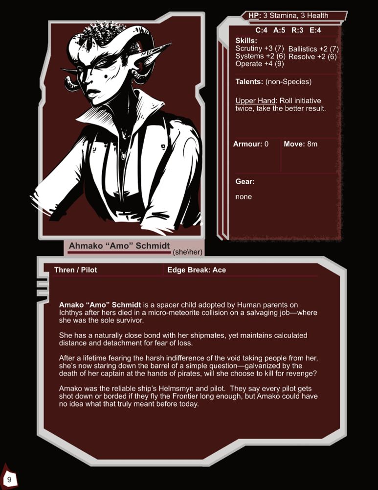 black gray, and maroon character cart showing stats and info on an alien woman