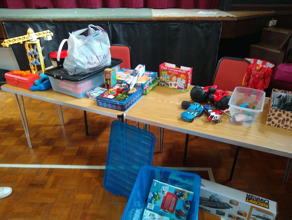 The toys and games on the bring-n-take stall.