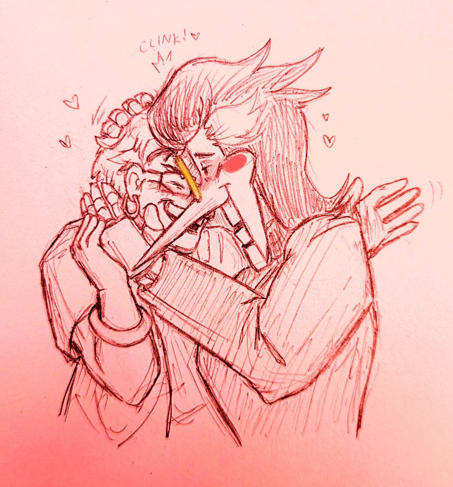 Me and Spam nuzzling noses, smiling. I'm laughing, grabbing his hand as he cups my cheek. His other hand ruffles my hair. My free hand is about to pull him into a hug. Our glasses get in the way and clink together.

Text reads: CLINK !