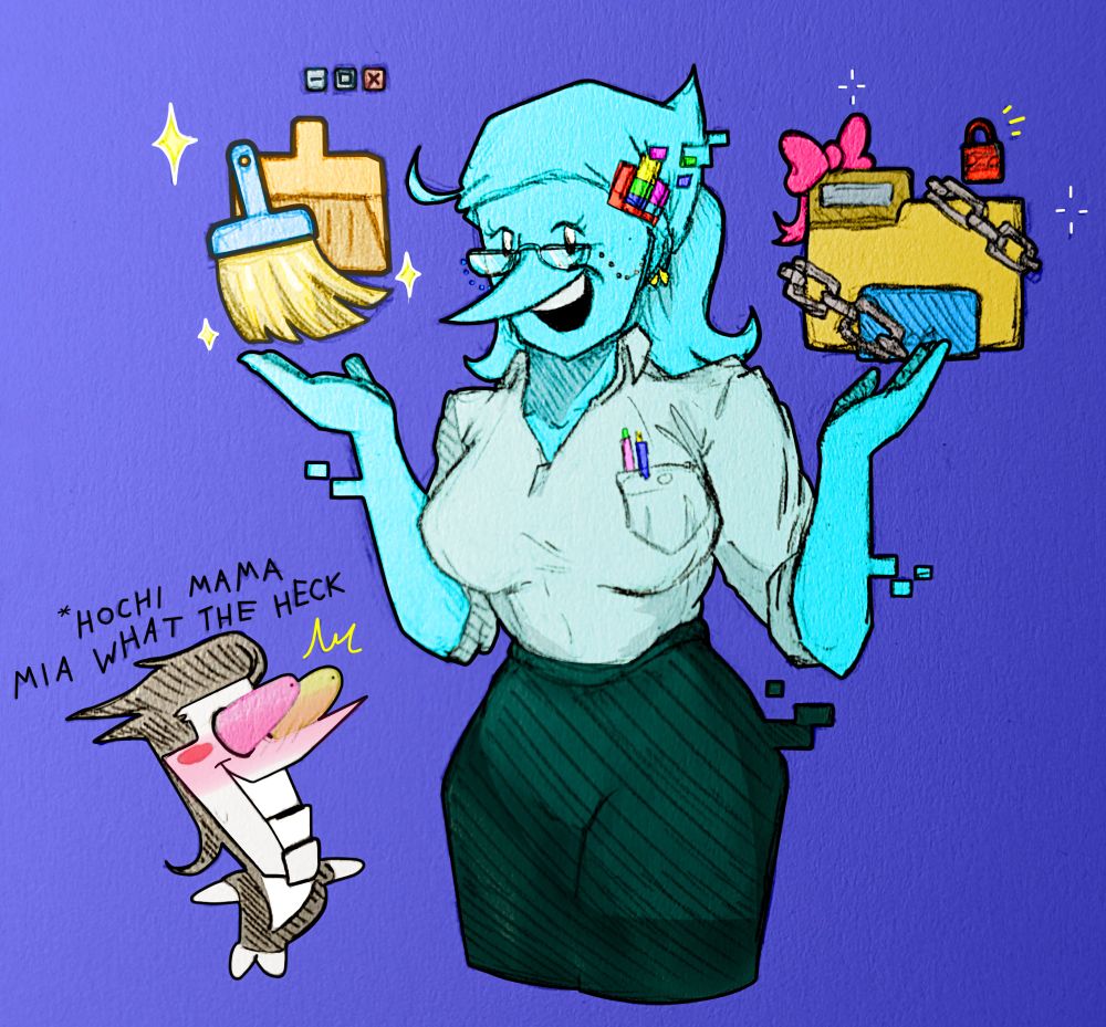 DiDi proudly displays her Windows Desktop Cleaning Icon and a folder she's already encrypted for a user. The folder is wrapped in chains and a cute bow, with a lock icon seated above. She has a few stray pixels coming off her headband, arms and hips. An old  defragmenting icon acts as a hair clip.

Spamton cartoonishly ogles her from underneath. 
Text reads: *HOCHI MAMA MIA WHAT THE HECK