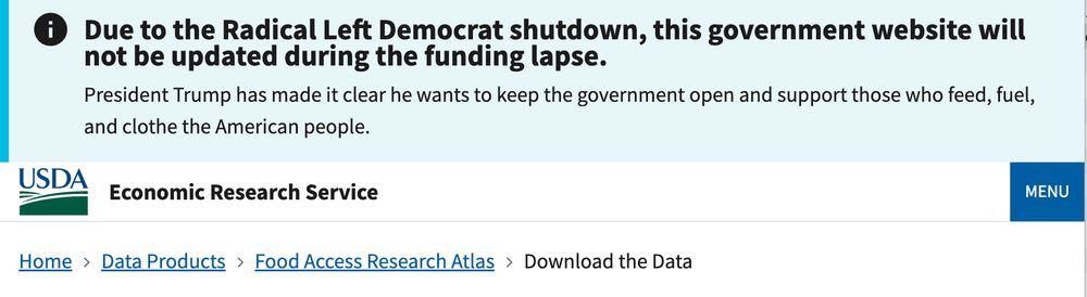 Screenshot of the USDA's Economic Research Service website that says, "Due to the Radical Left Democrat shutdown, this government website will not be updated during the funding lapse."