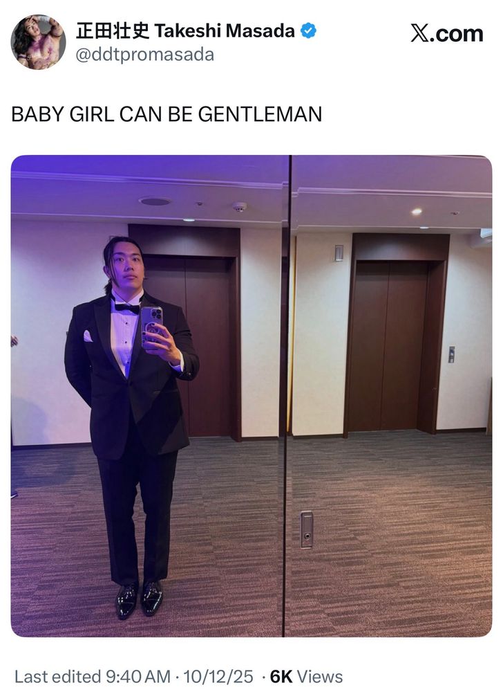 A tweet from Takeshi Masada that says “baby girl can be gentleman” with a picture of him dressed in a suit 