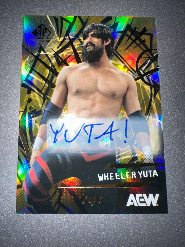 A picture of a 1/1 auto of Wheeler Yuta from the AEW SP Game Used set 