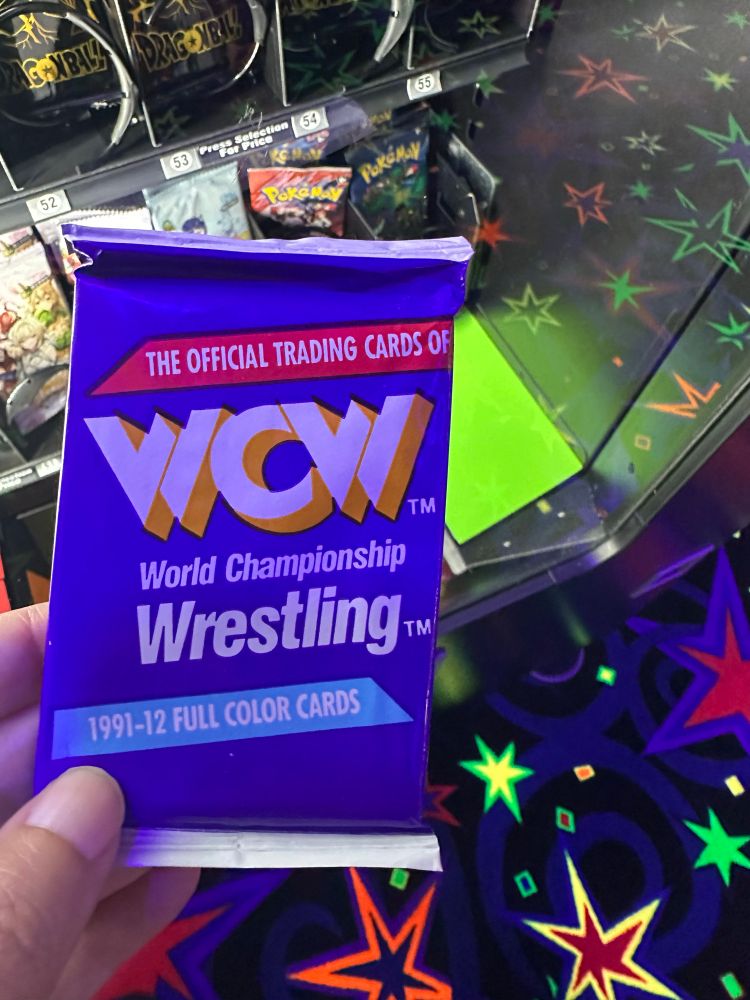 A picture of a pack of WCW trading cards