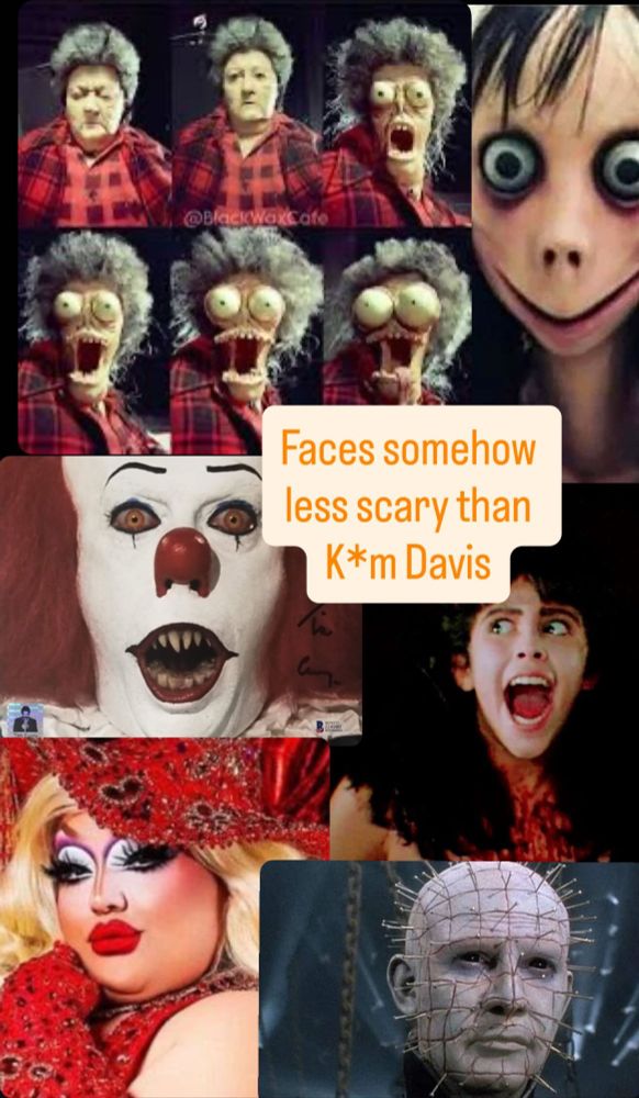 A collage of horror movie icons including large Marge, Momo, Pennywise, Angela from Sleepaway camp, mistress Isabelle brooks, and pinhead