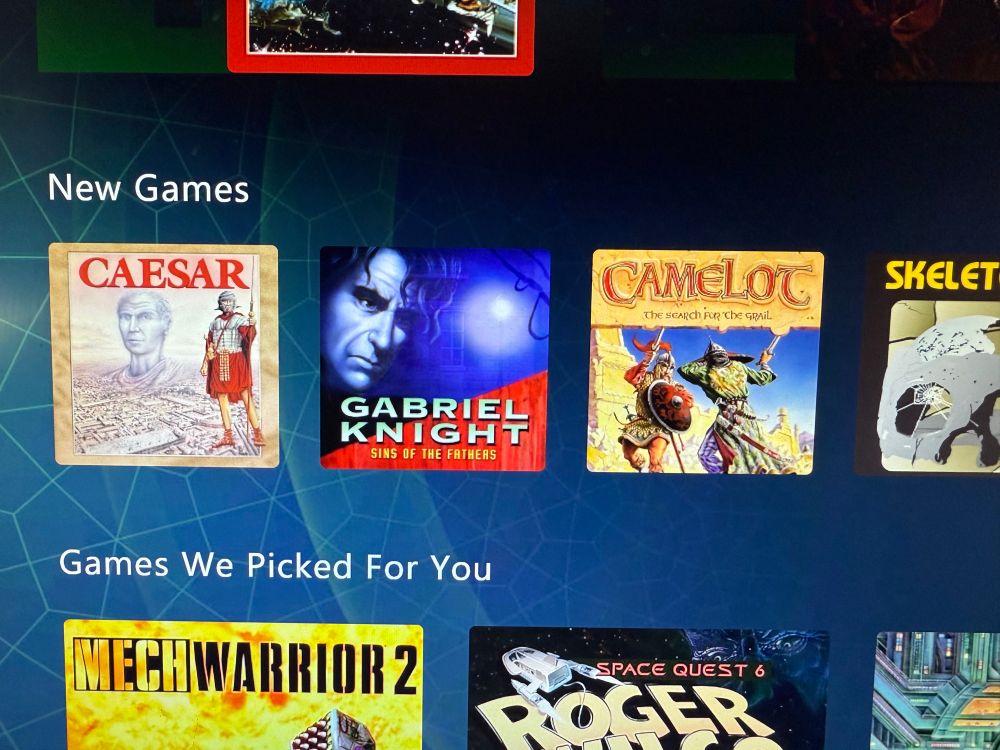 Screenshot from Xbox Classics app including Caesar, Gabriel Knight, Camelot
