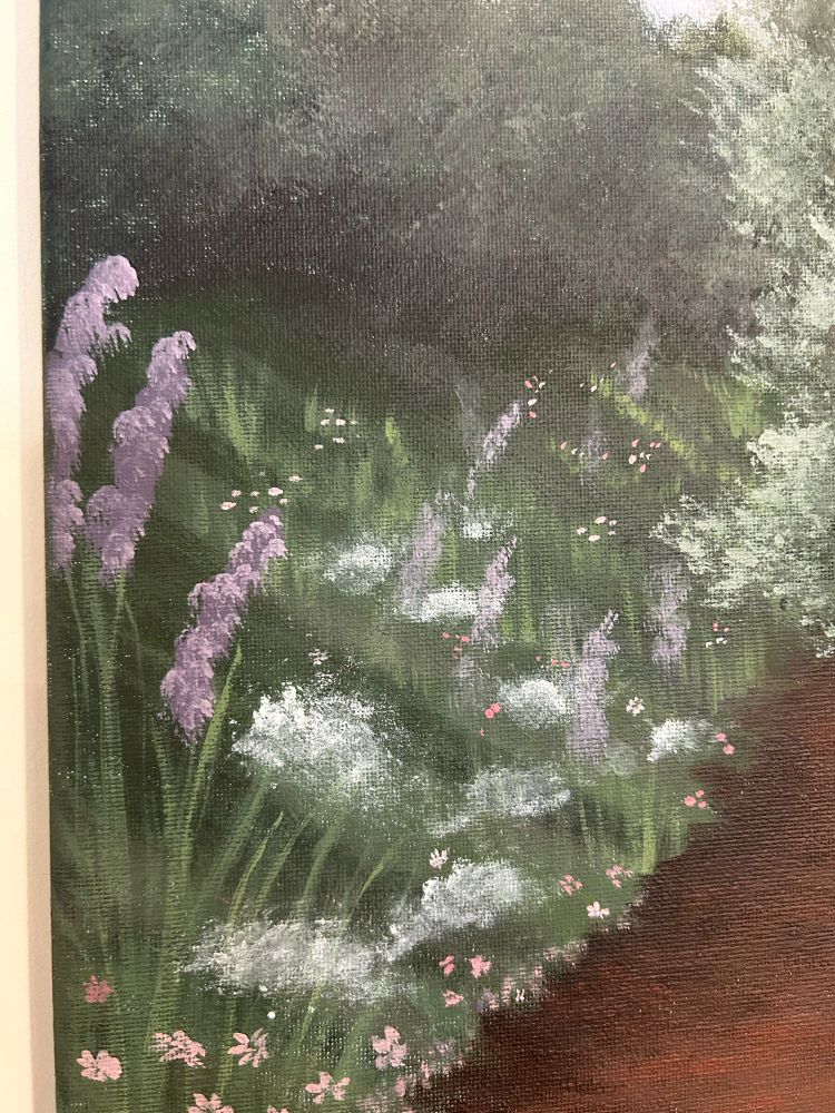 New paths painting.large tree on right surrounded by greenery and long purple flowers and Queen Anne’s lace. A path going down the left side of big tree. The sky is pink, blue and yellow. 