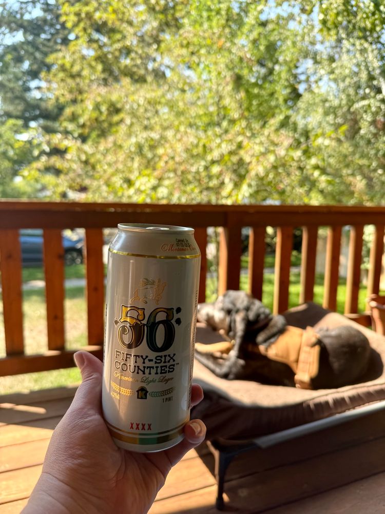 A can of Kettlehouse 56 Counties held up in front of my hound relaxing in the sun on her dog bed on top of a cot on the front porch 
