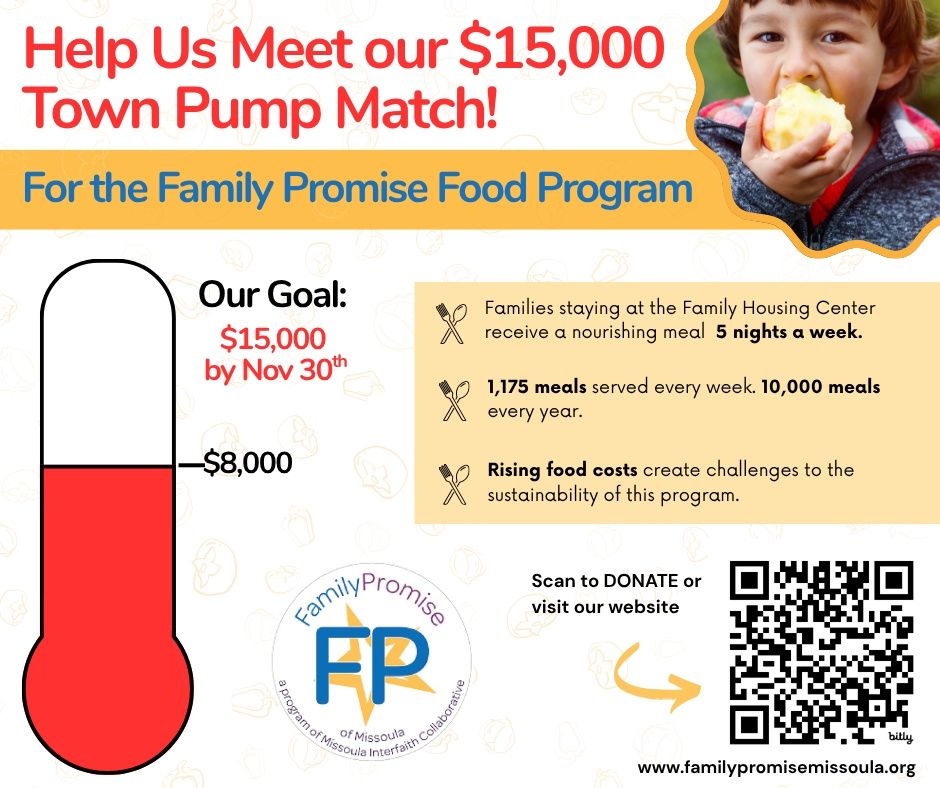 a flyer for a match program for the local family shelter. there's a thermometer showing that town pump has already donated $8,000 but we have $7,000 to go to reach our goal to help us continue feeding families

The right side has facts including: 

- Families staying at the Family Housing Center receive a nourishing meal 5 nights a week

- 1,175 meals served every week. 10,000 meals every year

- Rising food costs create challenges to the sustainability of this program