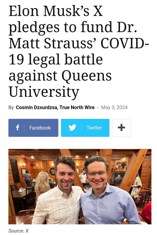 Elon Musk’s X pledges to fund Dr. Matt Strauss’ COVID-19 legal battle against Queens University

By Cosmin Dzsurdzsa, True North Wire

May 3, 2024

*photo of Matt Strauss with Pierre Poilievre*
