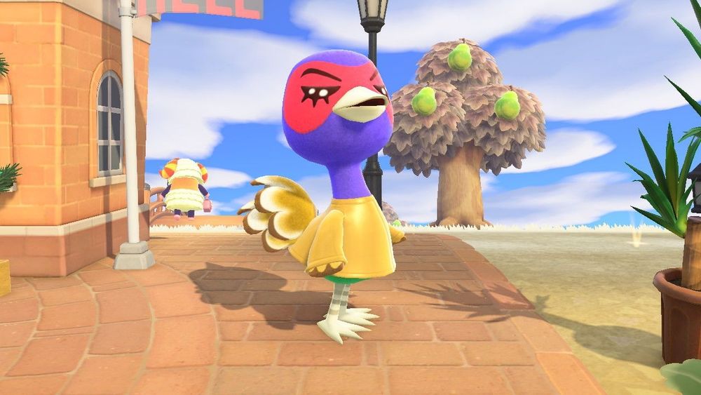 Purple ostrich in a yellow raincoat type shirt that resembles how a porch goose statue wears it