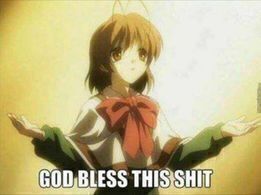 Girl from that dango anime or smth

She has her arms out saying "God bless this shit"